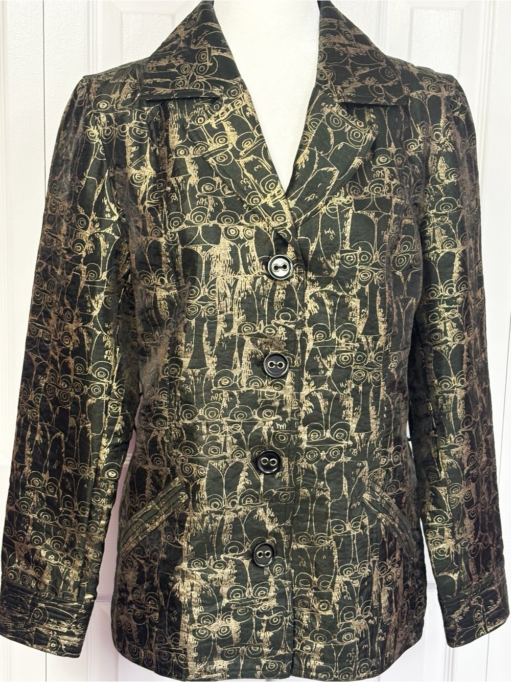 Chico's Black & Gold Metallic Owl Bird Print Button Down Jacket Medium